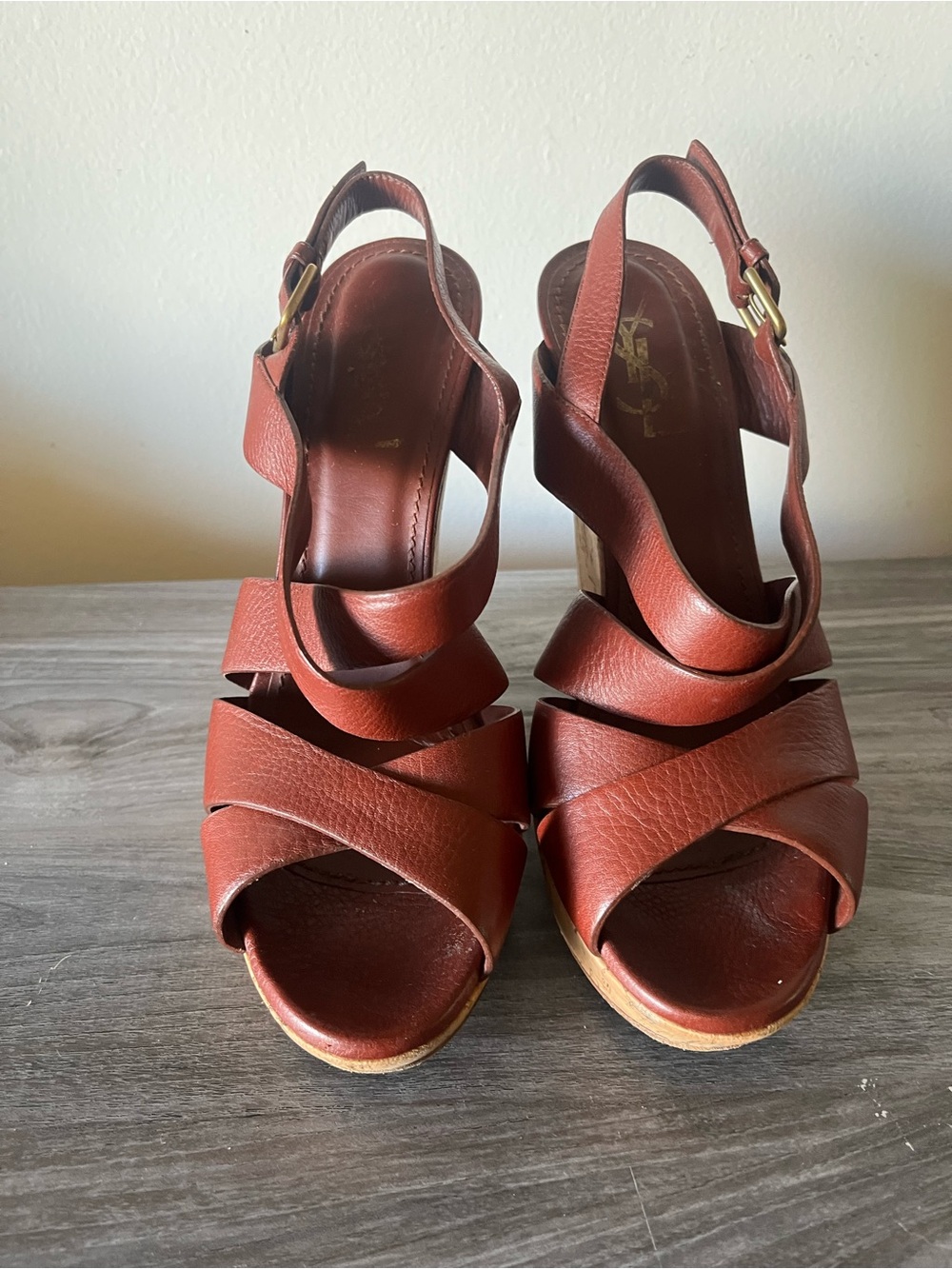 Yves Saint Laurent Brown Leather Crisscross Wedge Sandals
